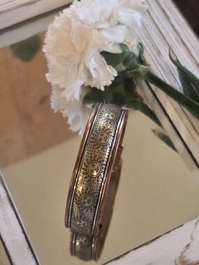 Sunface Engraved Hinged Bangle Bracelet in Mixed Metals